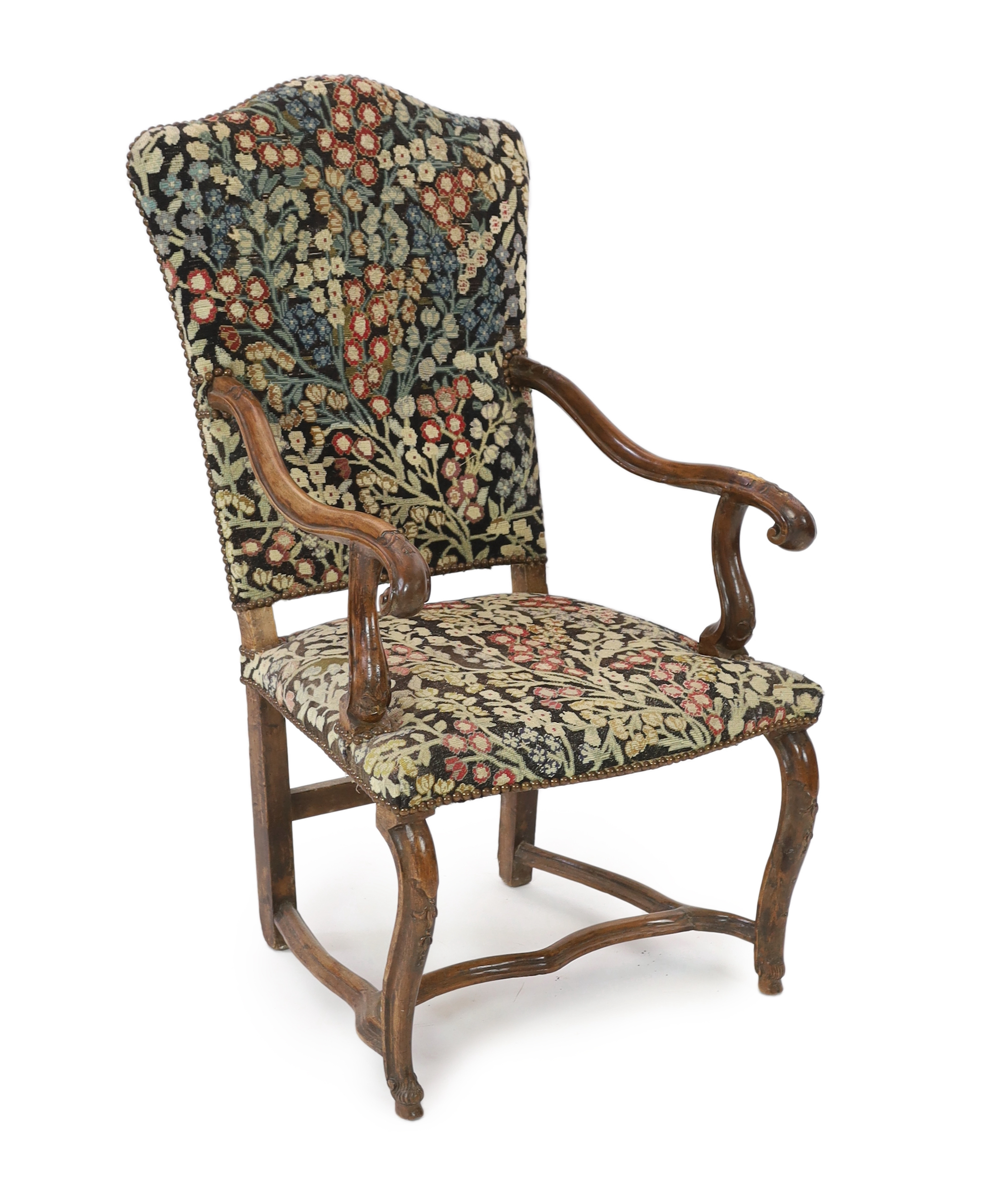 A Louis XIV walnut armchair, width 71cm, depth 80cm, height 124cm